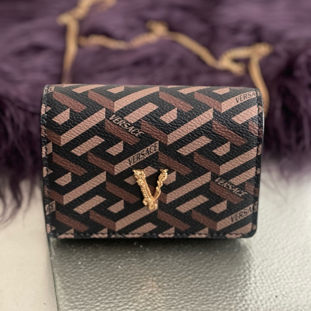 Versace Virtus La Greca Print Mini Chain Wallet